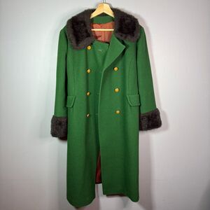 Vintage 1970s Emerald Green Wool Coat Faux Fur Stunning Rare Union Made USA